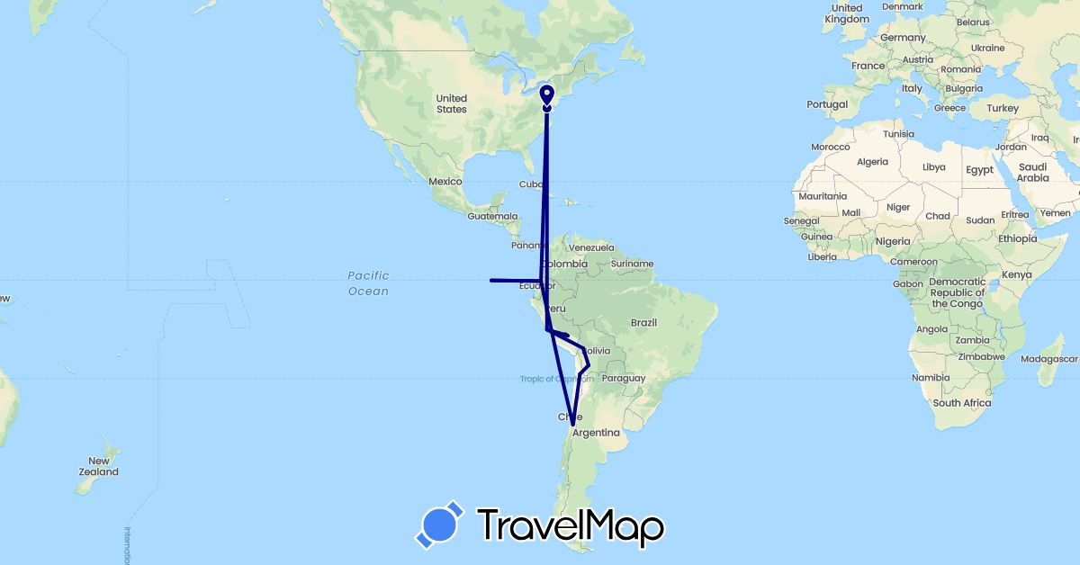 TravelMap itinerary: driving in Bolivia, Chile, Ecuador, Peru, United States (North America, South America)